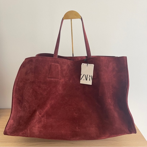 Zara Handbags - Zara large Suede Tote bag burgundy genuine leather travel office work trendy